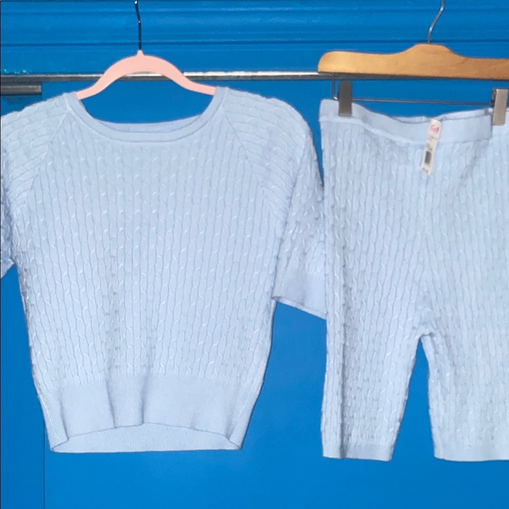 Light Blue Knit Sweater and biker shorts Set